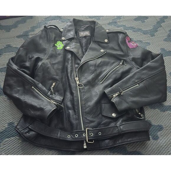 Men's Vintage Wilsons Zip-Up Black Leather Biker PUNK Jacket XL Cartoon Patches - Picture 10 of 16